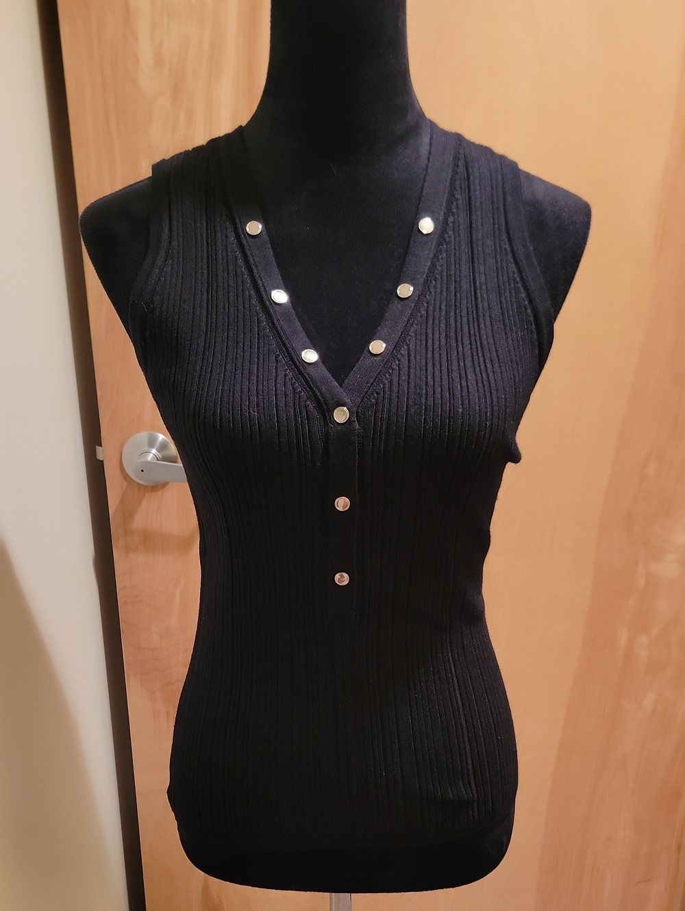 White House Black Market Black Ribbed V-Neck Button Tank
